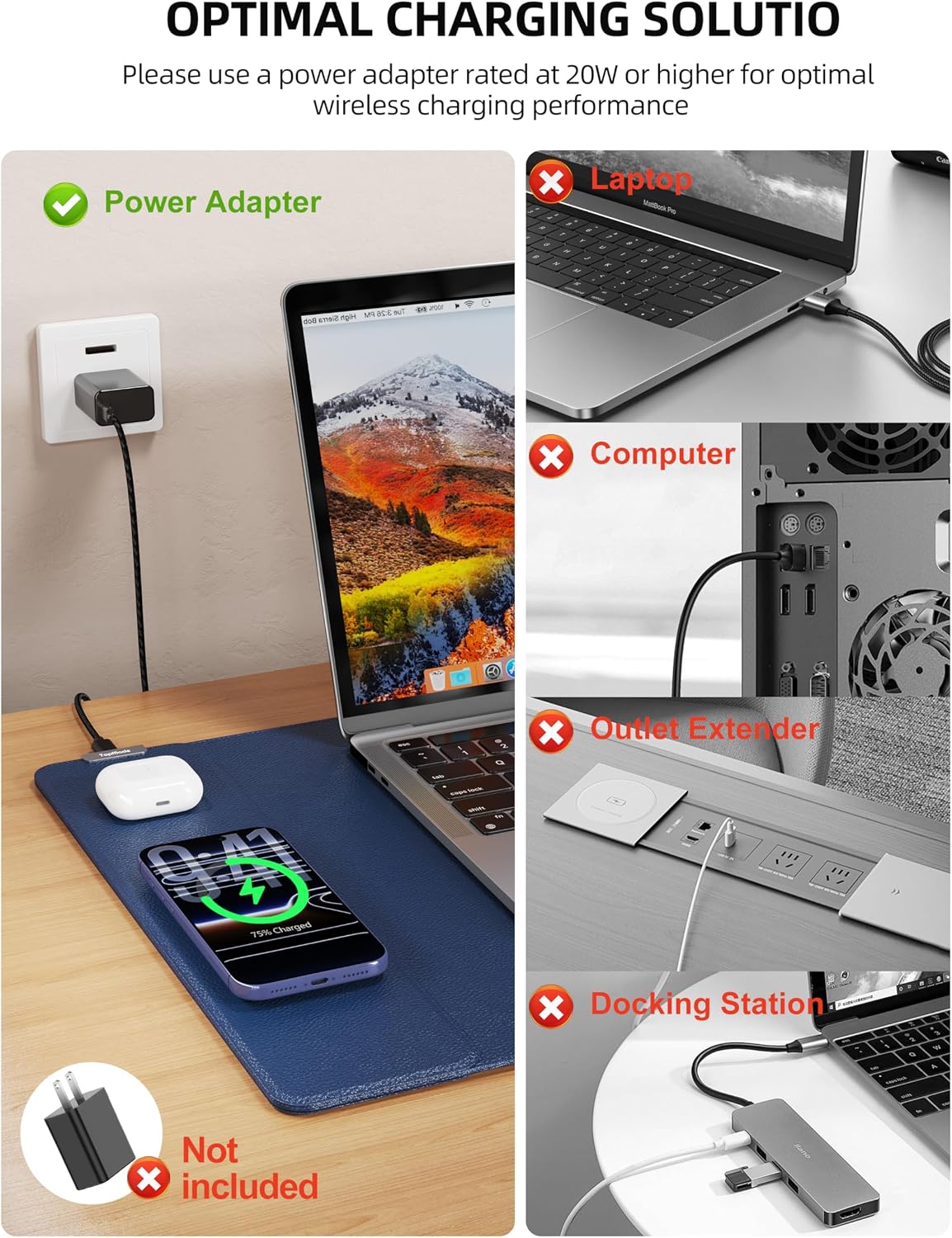 Mouse Pad with 15W Wireless Charging, XXL Large Leather Desk Mat, Blue