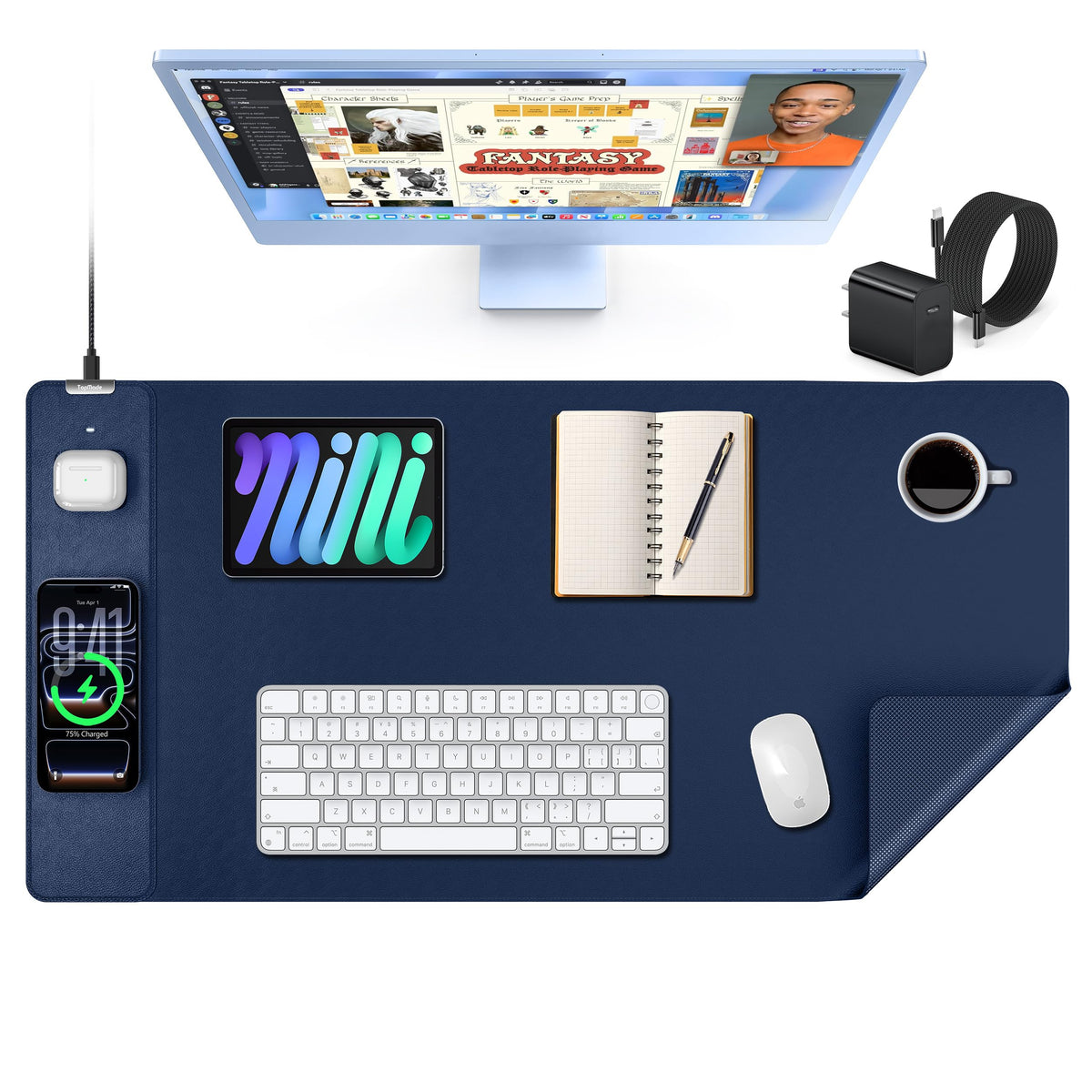 Mouse Pad with 15W Wireless Charging, XXL Large Leather Desk Mat, Blue