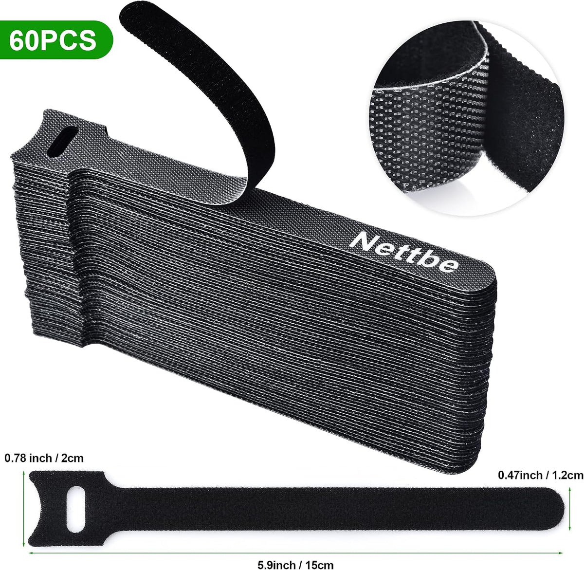Nettbe 60 PCS 6 Inches Reusable Cable Ties, Adjustable Cord Straps Wire Organizer Cord Wrap and Hook Loop Cable Management