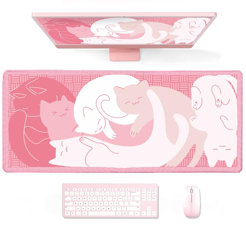 Gaming Mouse Pad XXL Extended Anime Mouse Pad 31.5x15.7inch, Large Cute Kawaii Big Computer Mouse Mat Desk Pad with Non-Slip Rubber Base and Stitched Edge for Home Office-Black Ink Cat