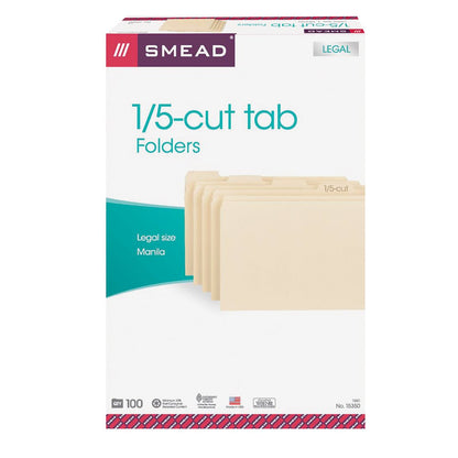 Smead File Folder, 1/3-Cut Tab, Assorted Positions, Legal Size, Manila, 100 per Box (15330)