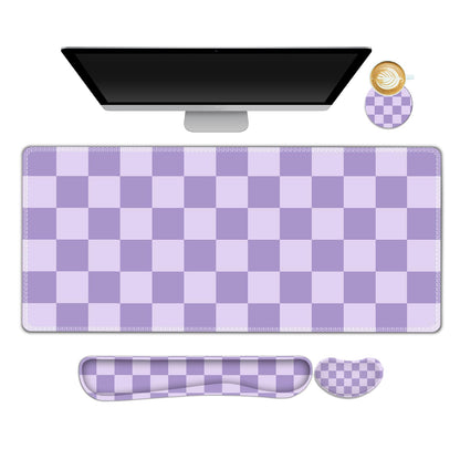 Beige Khaki Checkered Mouse Pad Set, 4 in1 Large Gaming Ergonomics Keyboard Desk Mat with Memory Foam Wrist Rest, Extended Game Mousepad, Non-Slip Desk Pad Matt Easy Typing Pain Relief