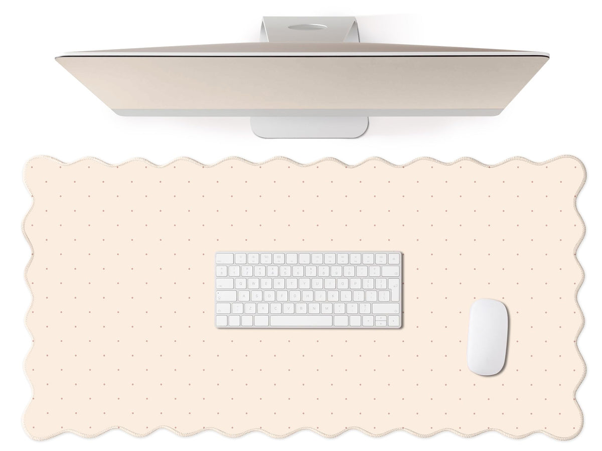 Cute Brown Scalloped Desk Mat with Polka Dot Large Mouse Pad Computer Mat Aesthetic Keyboard Mat for Desktop Laptop Protector for Office & Home 31" x 15.7"