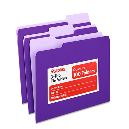 Staples File Folders, Letter Size, 1/3-Cut Tabs, Purple, 100/Pack