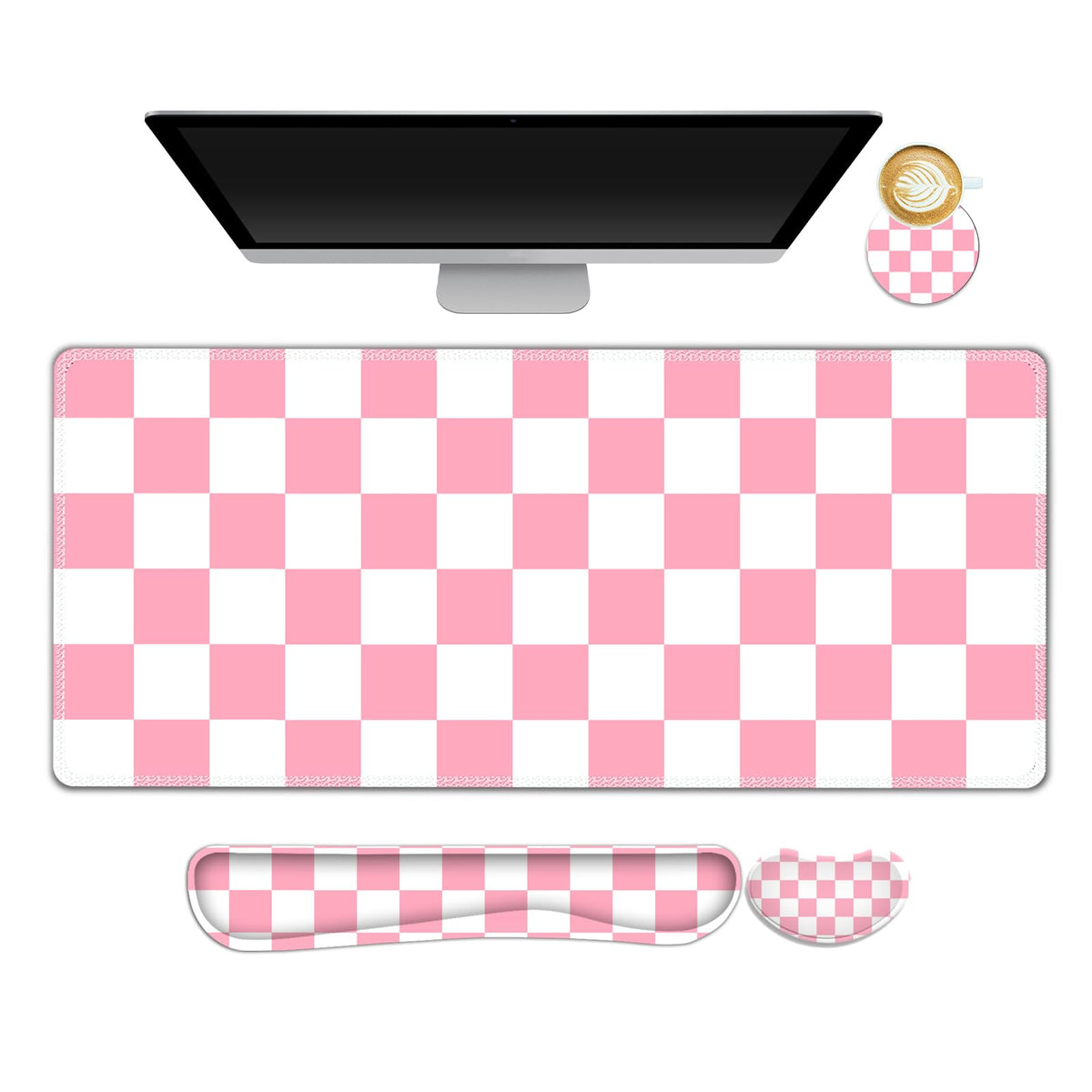 Beige Khaki Checkered Mouse Pad Set, 4 in1 Large Gaming Ergonomics Keyboard Desk Mat with Memory Foam Wrist Rest, Extended Game Mousepad, Non-Slip Desk Pad Matt Easy Typing Pain Relief