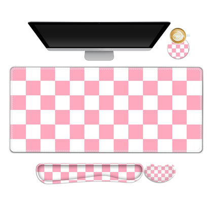 Beige Khaki Checkered Mouse Pad Set, 4 in1 Large Gaming Ergonomics Keyboard Desk Mat with Memory Foam Wrist Rest, Extended Game Mousepad, Non-Slip Desk Pad Matt Easy Typing Pain Relief