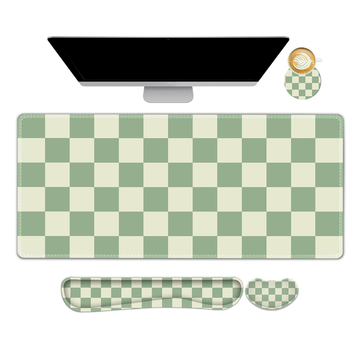 Beige Khaki Checkered Mouse Pad Set, 4 in1 Large Gaming Ergonomics Keyboard Desk Mat with Memory Foam Wrist Rest, Extended Game Mousepad, Non-Slip Desk Pad Matt Easy Typing Pain Relief