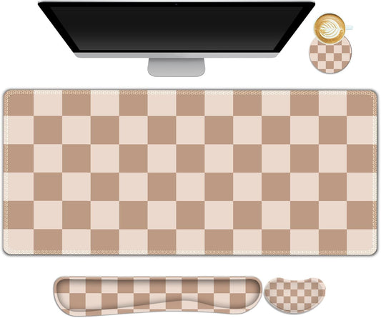 Beige Khaki Checkered Mouse Pad Set, 4 in1 Large Gaming Ergonomics Keyboard Desk Mat with Memory Foam Wrist Rest, Extended Game Mousepad, Non-Slip Desk Pad Matt Easy Typing Pain Relief