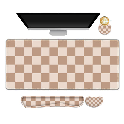 Beige Khaki Checkered Mouse Pad Set, 4 in1 Large Gaming Ergonomics Keyboard Desk Mat with Memory Foam Wrist Rest, Extended Game Mousepad, Non-Slip Desk Pad Matt Easy Typing Pain Relief