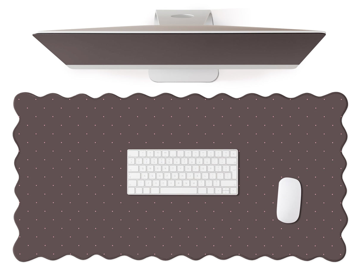 Cute Brown Scalloped Desk Mat with Polka Dot Large Mouse Pad Computer Mat Aesthetic Keyboard Mat for Desktop Laptop Protector for Office & Home 31" x 15.7"