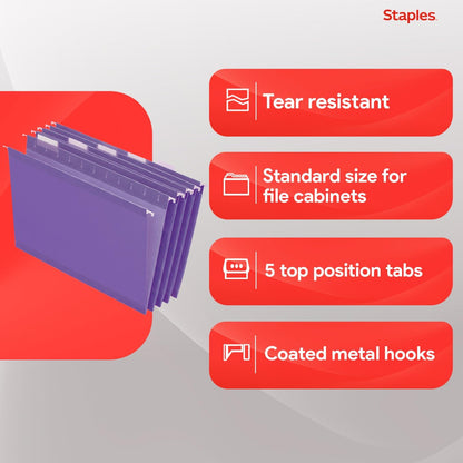 Staples Hanging File Folders, Letter Size, Purple, 5-Tab, 25/Pk
