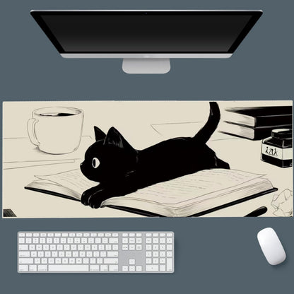 Gaming Mouse Pad XXL Extended Anime Mouse Pad 31.5x15.7inch, Large Cute Kawaii Big Computer Mouse Mat Desk Pad with Non-Slip Rubber Base and Stitched Edge for Home Office-Black Ink Cat