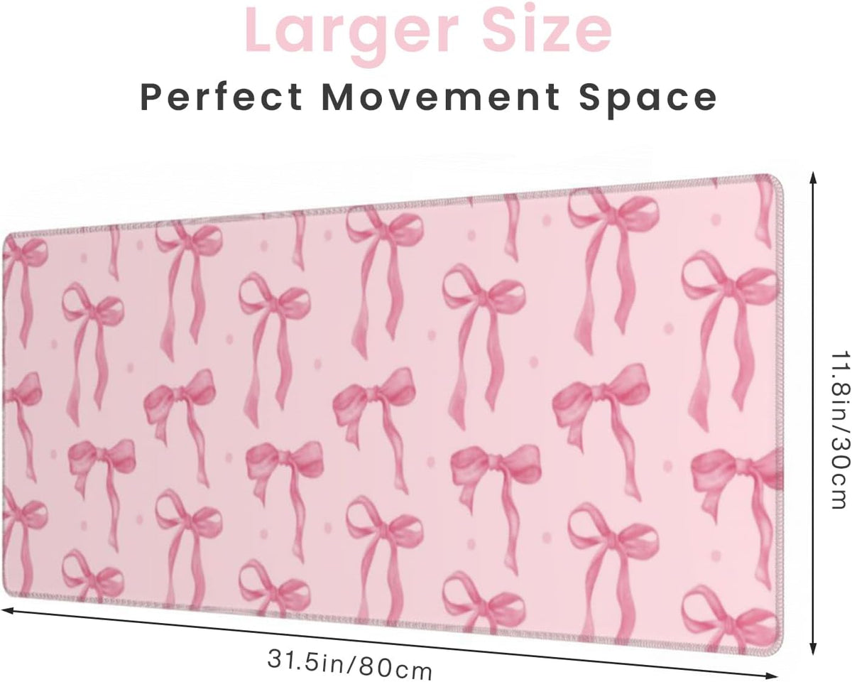 Pink Desk Mat, Mouse Pad Bows Computer Desk Mat Girl Office Decor 31.5x11.8