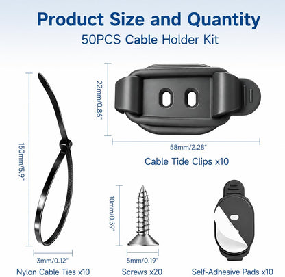 10 Sets Adjustable Cable Management Clips, Self Adhesive Cord Organizer with Elastic Loop, Reusable Cable Holder for Desk, Under Desk, Wall, TV, Office, Home, Charging Cables, USB, HDMI, PC Wires