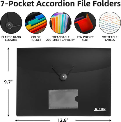 Accordian File Organizer 7 Pocket Expanding File Folder with Labels, Plastic Expandable File Folder for Documents Letter Size A4 Papers - Black