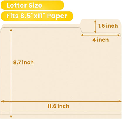SUNEE Manilla Folders Letter Size (8.5 x 11 inches),100 Per Box, 1/3 Cut Tab for Easy Labeling and Organization, Durable Standard Paper for Home, Office, School Filing