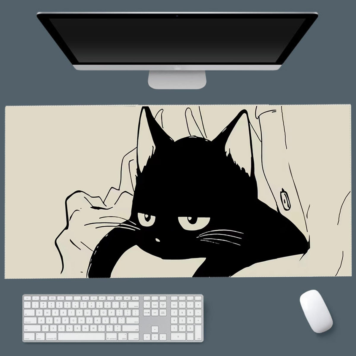Gaming Mouse Pad XXL Extended Anime Mouse Pad 31.5x15.7inch, Large Cute Kawaii Big Computer Mouse Mat Desk Pad with Non-Slip Rubber Base and Stitched Edge for Home Office-Black Ink Cat