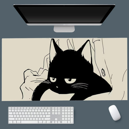 Gaming Mouse Pad XXL Extended Anime Mouse Pad 31.5x15.7inch, Large Cute Kawaii Big Computer Mouse Mat Desk Pad with Non-Slip Rubber Base and Stitched Edge for Home Office-Black Ink Cat