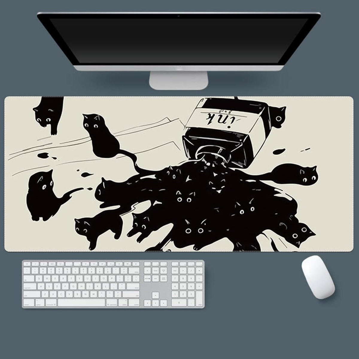 Gaming Mouse Pad XXL Extended Anime Mouse Pad 31.5x15.7inch, Large Cute Kawaii Big Computer Mouse Mat Desk Pad with Non-Slip Rubber Base and Stitched Edge for Home Office-Black Ink Cat