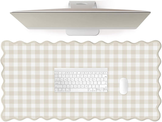 Scalloped‌ Beige Checkered Gingham Desk Mat Cute Pastel Large Mouse Pad Kawaii Cottagecore ‌Vintage‌ Rustic Keyboard Pad Computer Mat for Desktop Aesthetic Cozy Office Desk Decor