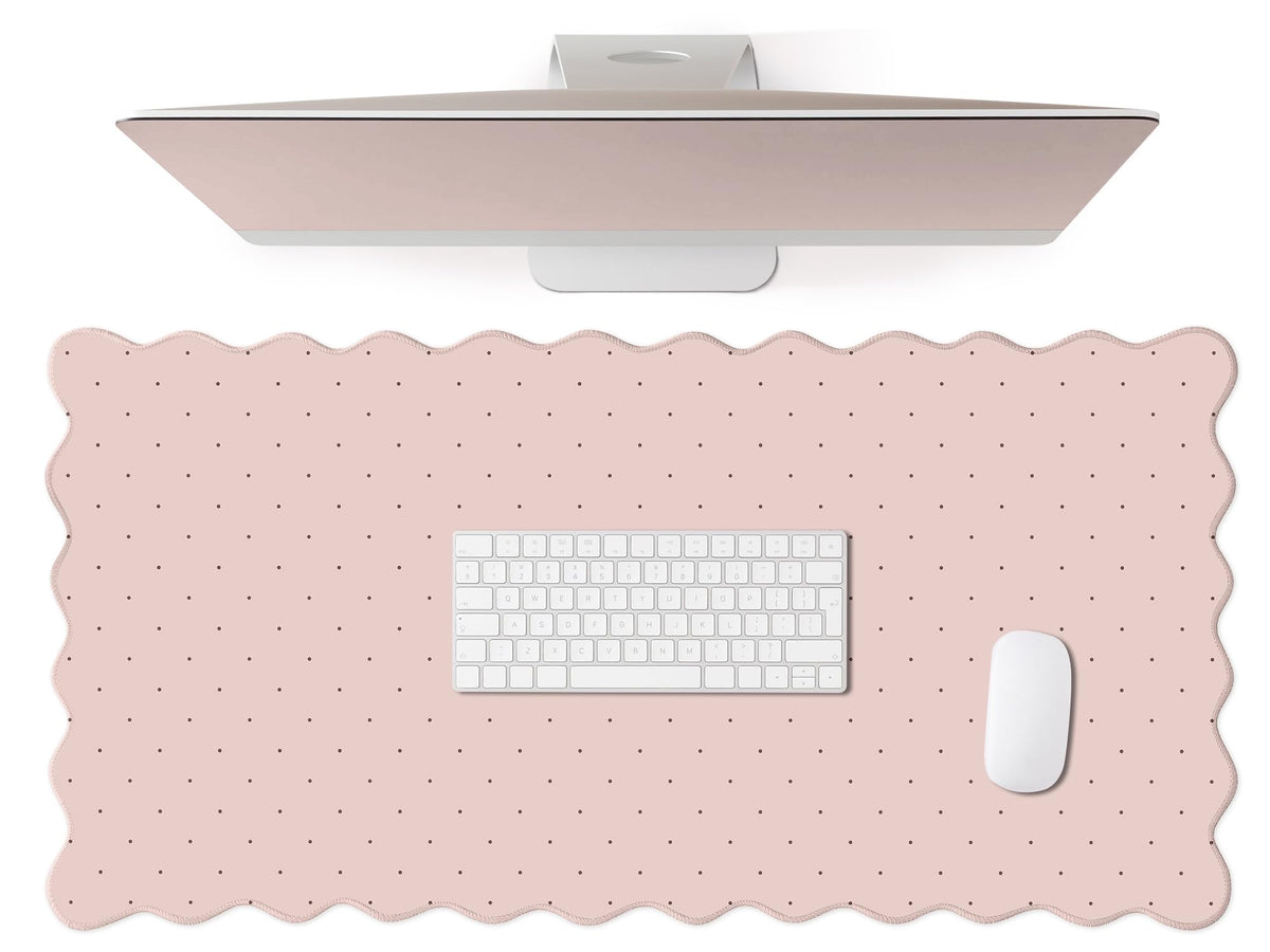 Cute Brown Scalloped Desk Mat with Polka Dot Large Mouse Pad Computer Mat Aesthetic Keyboard Mat for Desktop Laptop Protector for Office & Home 31" x 15.7"