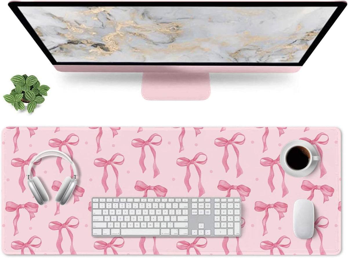 Pink Desk Mat, Mouse Pad Bows Computer Desk Mat Girl Office Decor 31.5x11.8