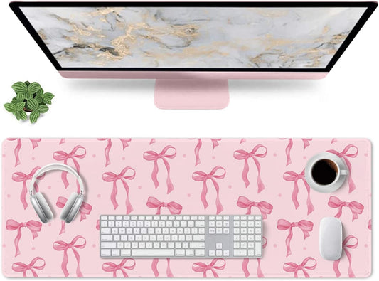 Pink Desk Mat, Mouse Pad Bows Computer Desk Mat Girl Office Decor 31.5x11.8