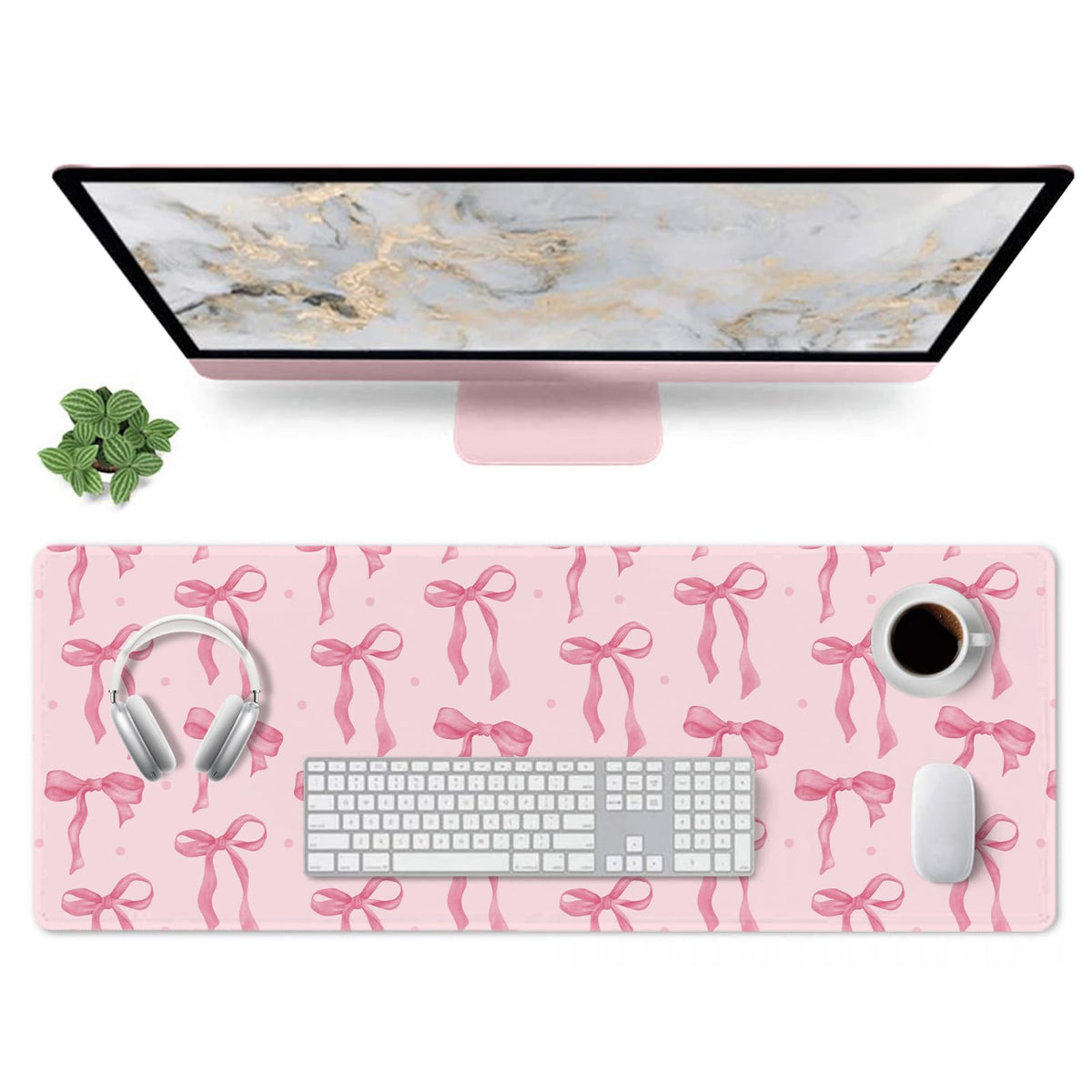 Pink Desk Mat, Mouse Pad Bows Computer Desk Mat Girl Office Decor 31.5x11.8