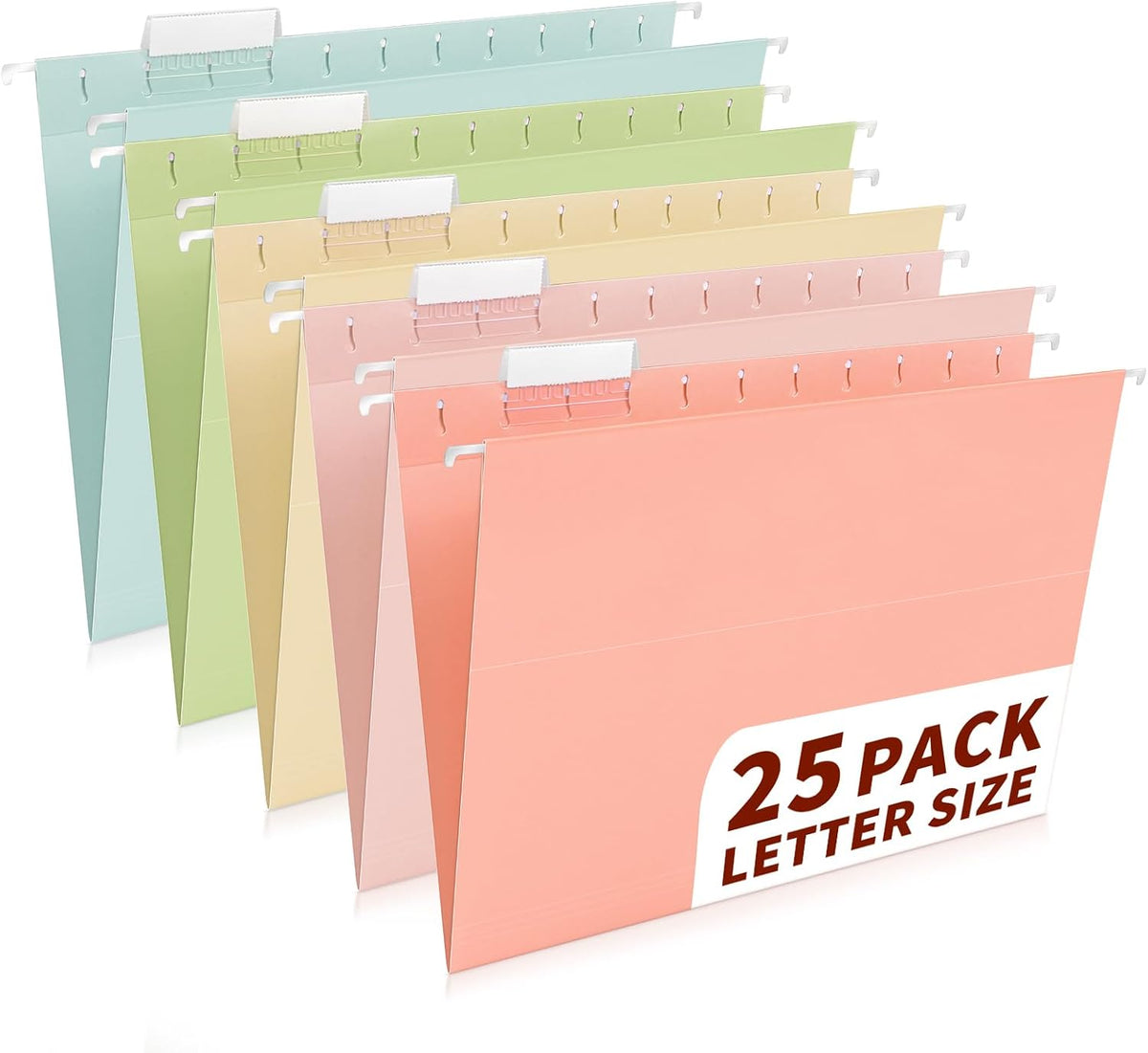 25-Pack Pastel Hanging File Folders, Letter Size with 1/5-Cut Tabs, 35 Transparent Label Cards, 50 Sticker Labels–Home Office & Filing Cabinets