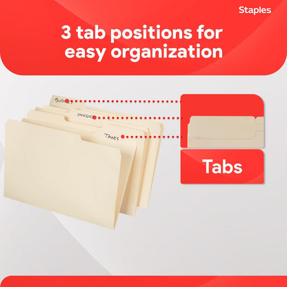 Staples 163360 Manila 3-Tab File Folders Legal Assorted Position 100/Box