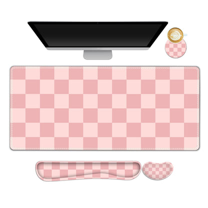 Beige Khaki Checkered Mouse Pad Set, 4 in1 Large Gaming Ergonomics Keyboard Desk Mat with Memory Foam Wrist Rest, Extended Game Mousepad, Non-Slip Desk Pad Matt Easy Typing Pain Relief