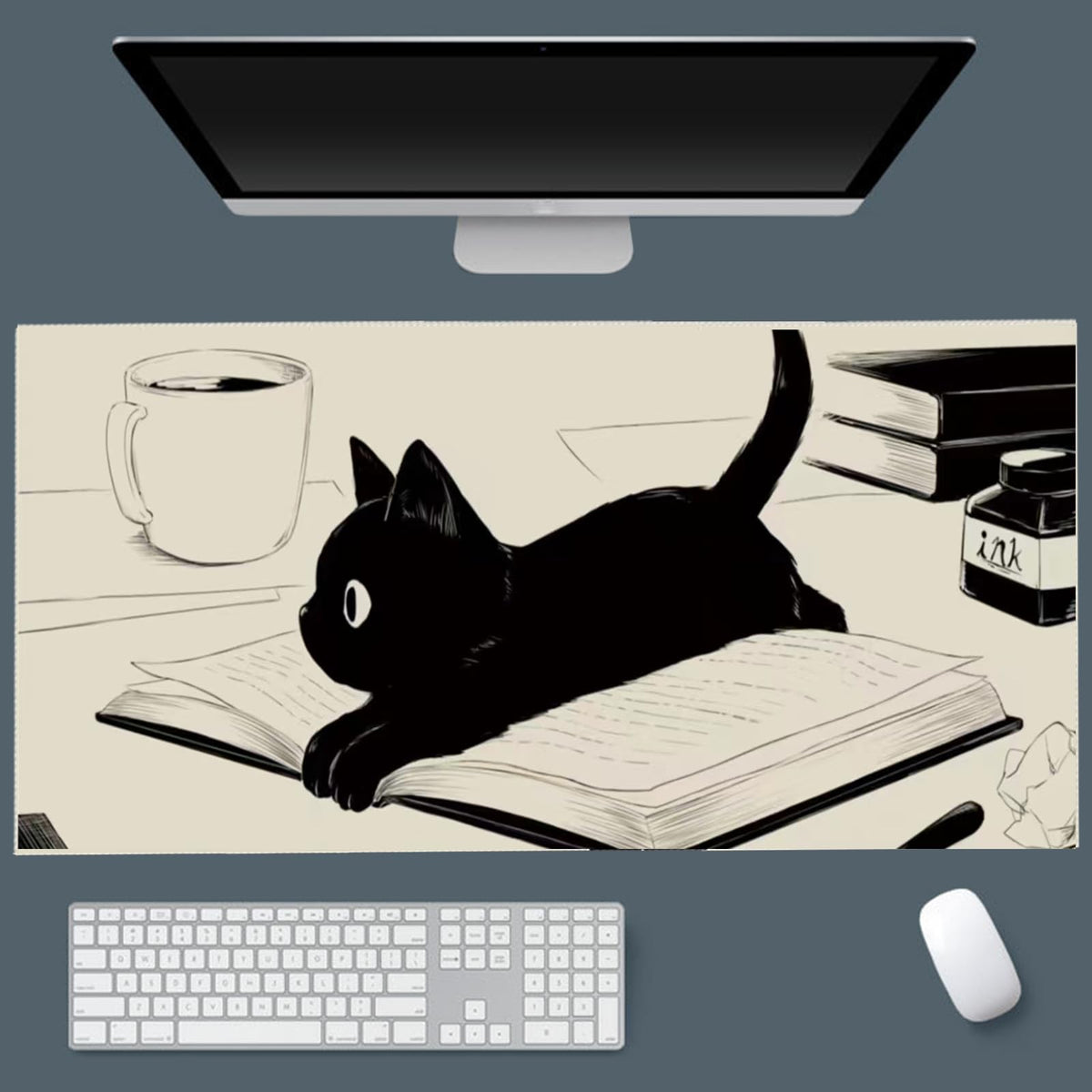 Gaming Mouse Pad XXL Extended Anime Mouse Pad 31.5x15.7inch, Large Cute Kawaii Big Computer Mouse Mat Desk Pad with Non-Slip Rubber Base and Stitched Edge for Home Office-Black Ink Cat