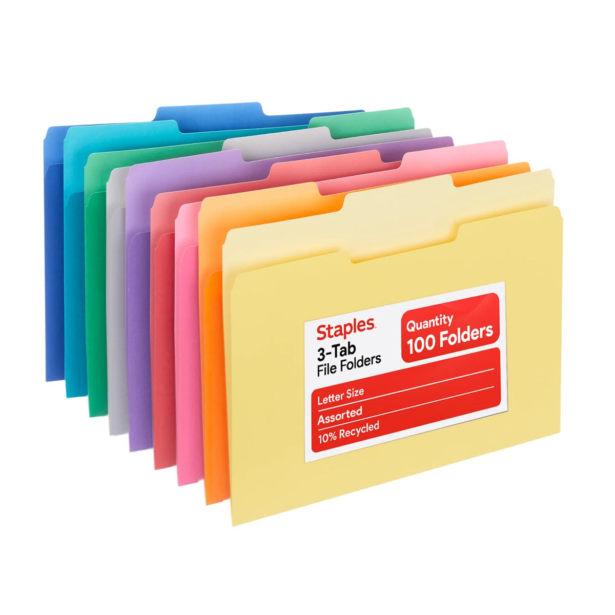 Staples File Folders, Letter Size, 1/3-Cut Tabs, Purple, 100/Pack