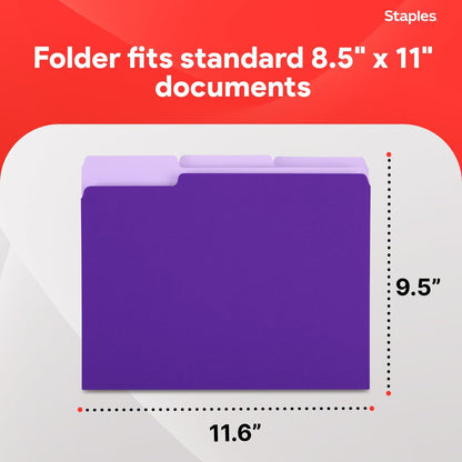 Staples File Folders, Letter Size, 1/3-Cut Tabs, Purple, 100/Pack