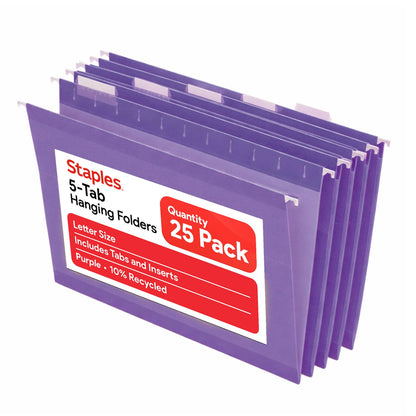 Staples Hanging File Folders, Letter Size, Purple, 5-Tab, 25/Pk