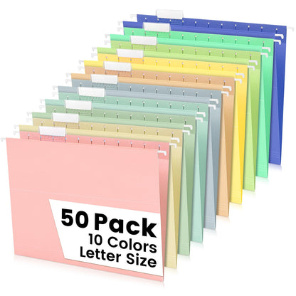 25-Pack Pastel Hanging File Folders, Letter Size with 1/5-Cut Tabs, 35 Transparent Label Cards, 50 Sticker Labels–Home Office & Filing Cabinets