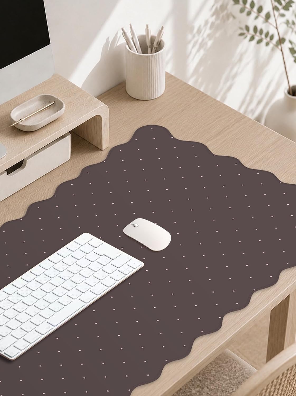 Cute Brown Scalloped Desk Mat with Polka Dot Large Mouse Pad Computer Mat Aesthetic Keyboard Mat for Desktop Laptop Protector for Office & Home 31" x 15.7"