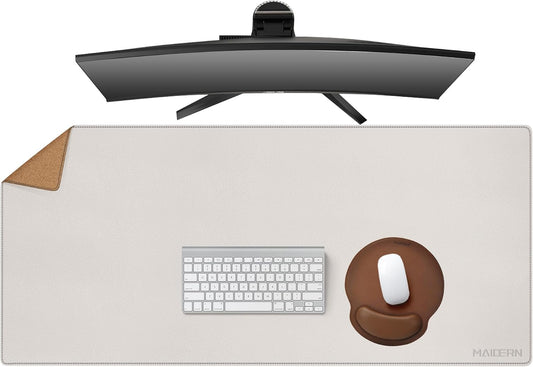 MAIDERN 43.3”x 19.6” Cork & Leather Desk Mat, Large Desk Pad (Cream)