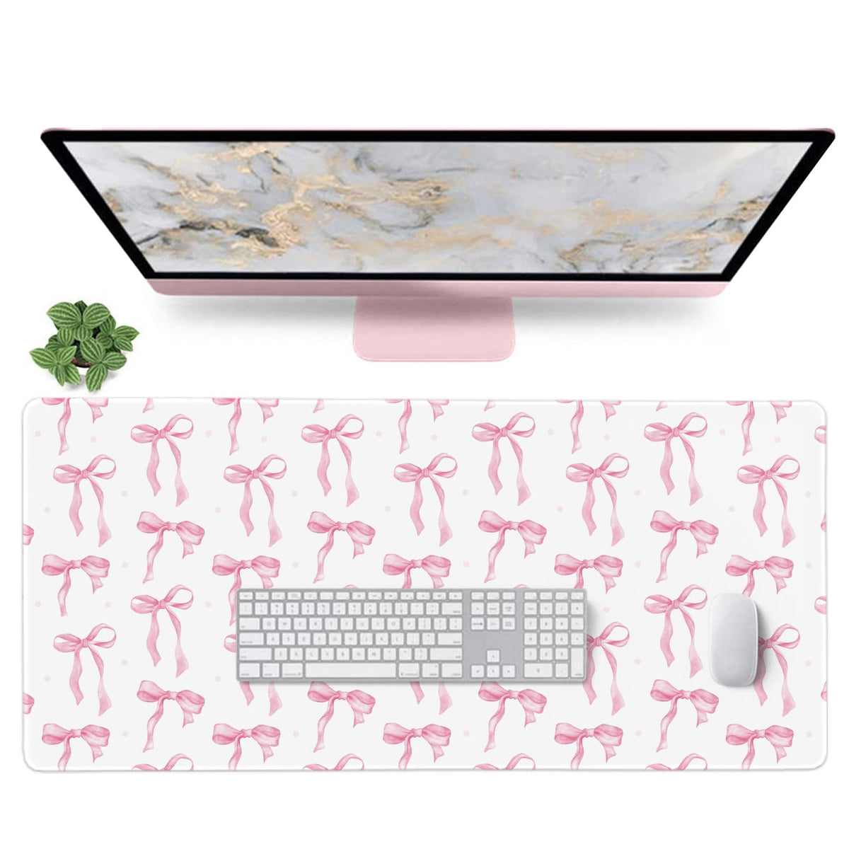 Pink Desk Mat, Mouse Pad Bows Computer Desk Mat Girl Office Decor 31.5x11.8