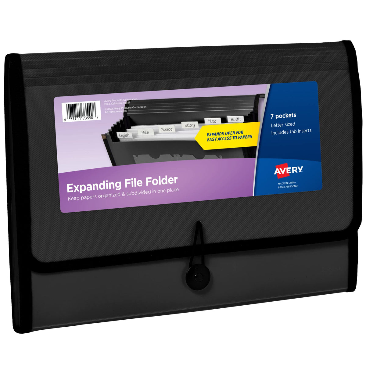 Avery® Expanding File Folder Organizer, 7-Pocket Accordion File Organizer, Black, Holds 425 Letter/A4-Size Sheets (73550)
