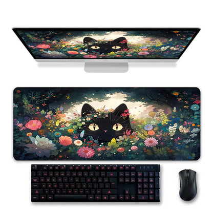 Gaming Mouse Pad XXL Extended Anime Mouse Pad 31.5x15.7inch, Large Cute Kawaii Big Computer Mouse Mat Desk Pad with Non-Slip Rubber Base and Stitched Edge for Home Office-Black Ink Cat