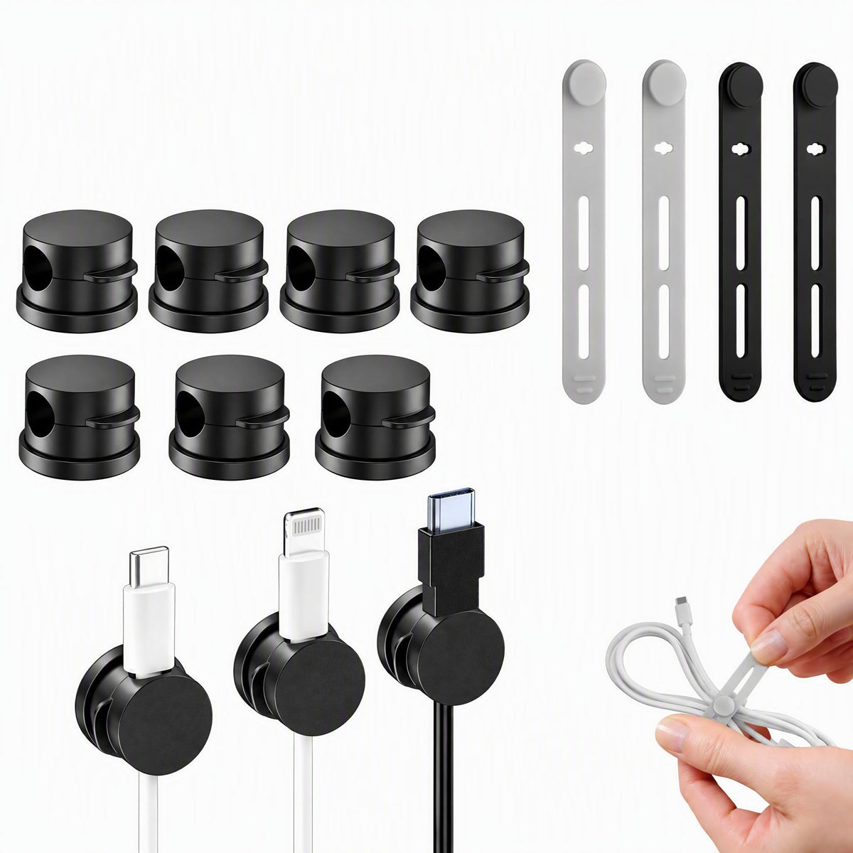 10 Pack Rotatable Cable Clips & Silicone Cable Straps Set