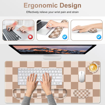 Beige Khaki Checkered Mouse Pad Set, 4 in1 Large Gaming Ergonomics Keyboard Desk Mat with Memory Foam Wrist Rest, Extended Game Mousepad, Non-Slip Desk Pad Matt Easy Typing Pain Relief