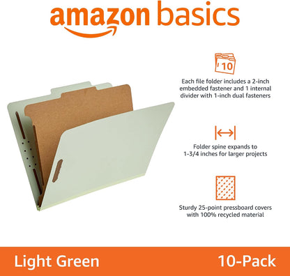 Amazon Basics Classification File Folders, 1 Divider, 2-Inch Embedded Fasteners, Letter Size for Documents, Light Green, 10-Pack