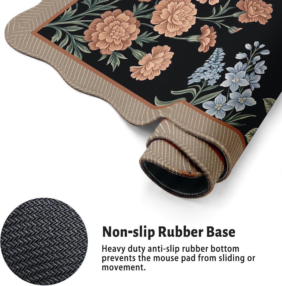 Scalloped Gaming Mouse Pad Desk Mat, Black Floral, 35.4"x15.7"