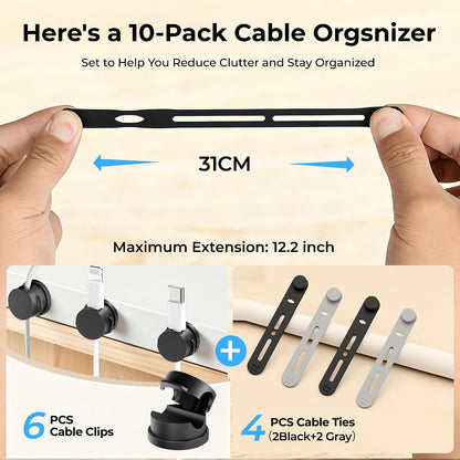 10 Pack Rotatable Cable Clips & Silicone Cable Straps Set