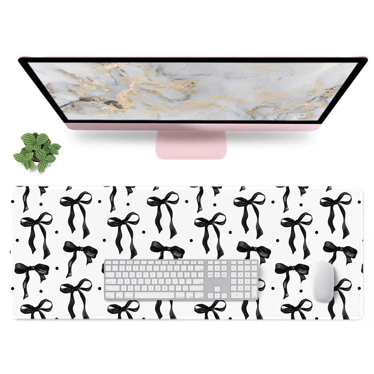 Pink Desk Mat, Mouse Pad Bows Computer Desk Mat Girl Office Decor 31.5x11.8