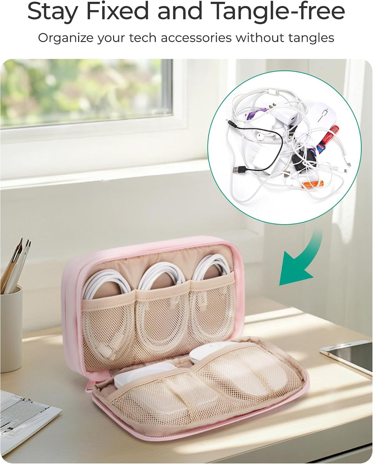 BAGSMART Electronics Organizer Travel Case for Cords Chargers Phones, Pink