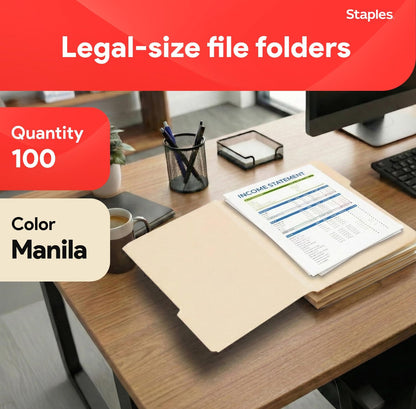 Staples 163360 Manila 3-Tab File Folders Legal Assorted Position 100/Box