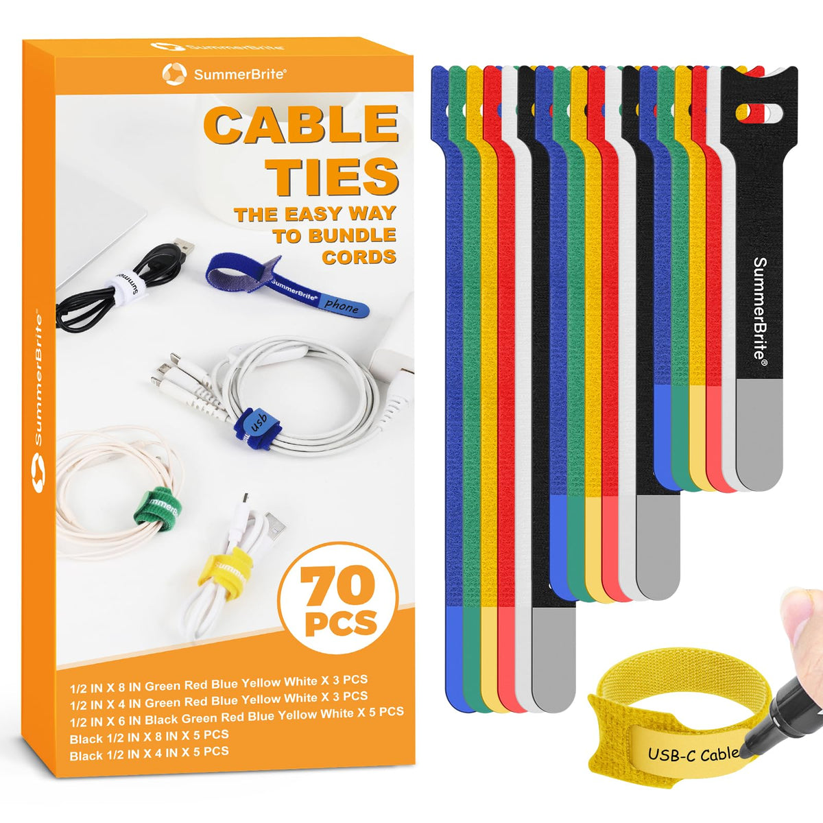 Cable Management with Writable Labels, Black, 70 PCS Assorted 4, 6, 8 IN